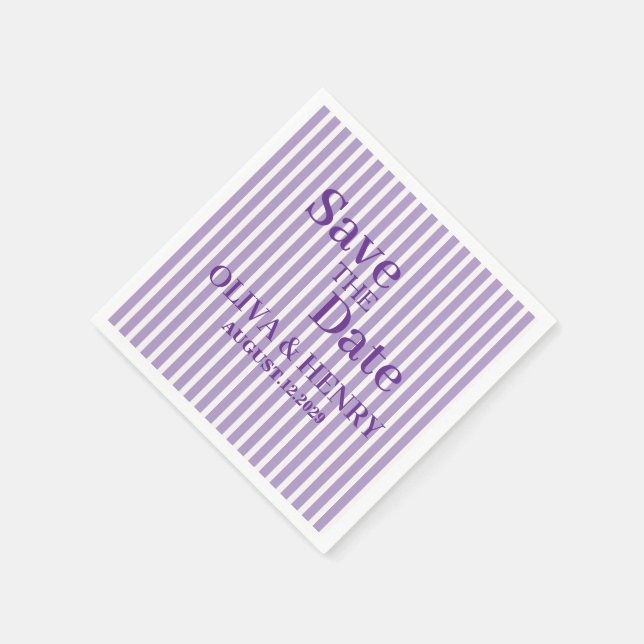 LILAC STRIPES STYLISH SIMPLE SCRIPT SAVE THE DATE NAPKIN (Corner)