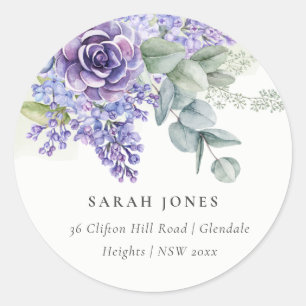 Lilac Succulent Eucalyptus Botanical Bunch Address Classic Round Sticker