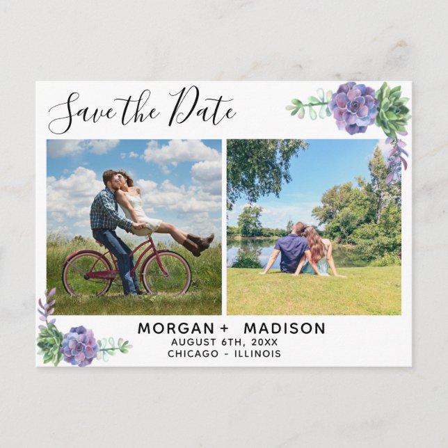 Lilac succulents Photos Save the Date Announcement Postcard (Front)