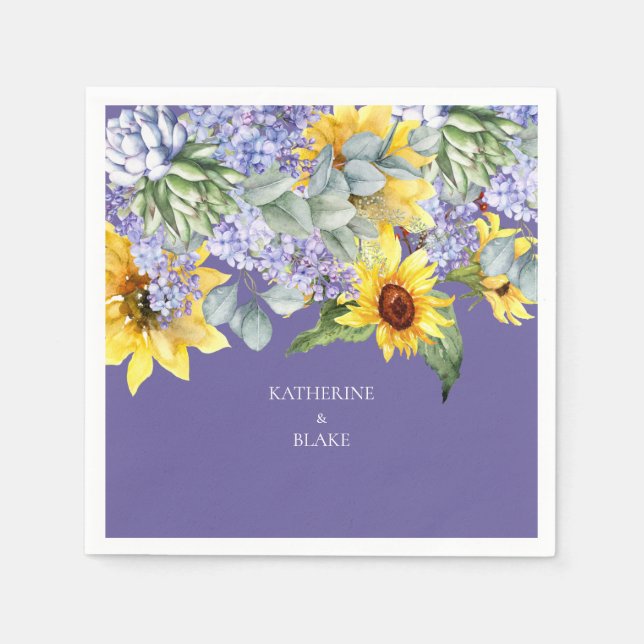 Lilac & Sunflower Wedding Couple Names Napkin (Front)