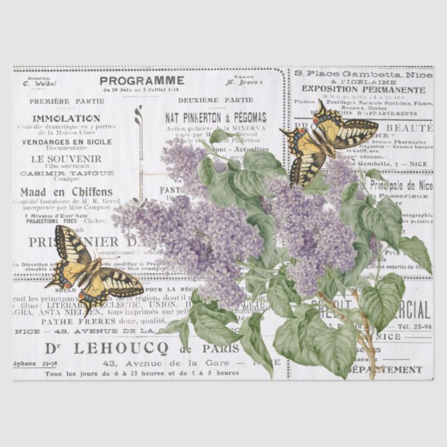 Lilac Swallowtail Butterfly French Newspaper Ads Tissue Paper (Front)
