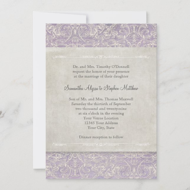 Lilac Vintage French Regency Lace Etched Wedding Invitation (Front)