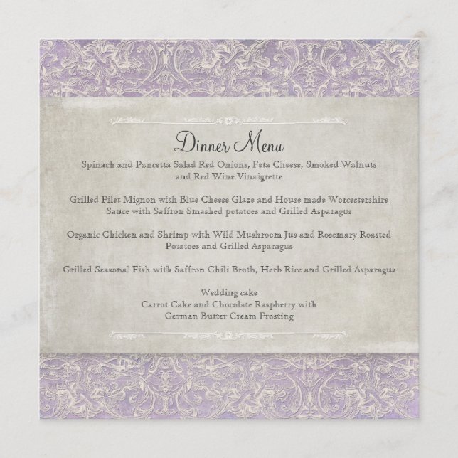 Lilac Vintage French Regency Lace Etched Wedding Menu (Front)