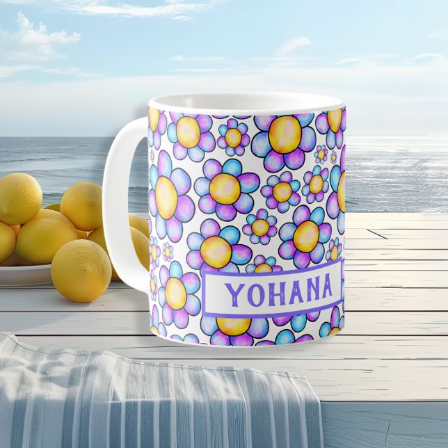 Lilac Watercolor Daisy Flower custom name Summer  Coffee Mug (Lilac Watercolor Daisy Flower custom name Summer Coffee Mug)