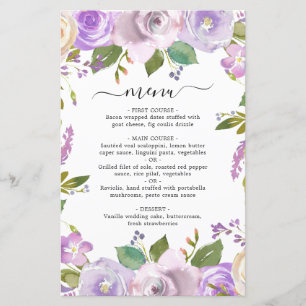 Lilac Watercolor Floral Elegant Wedding Menu