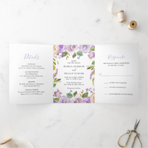 Lilac Watercolor Floral Elegant Wedding Tri-Fold Invitation