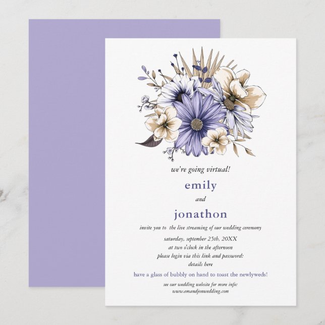 Lilac Watercolor Floral Foliage Virtual Wedding Invitation (Front/Back)