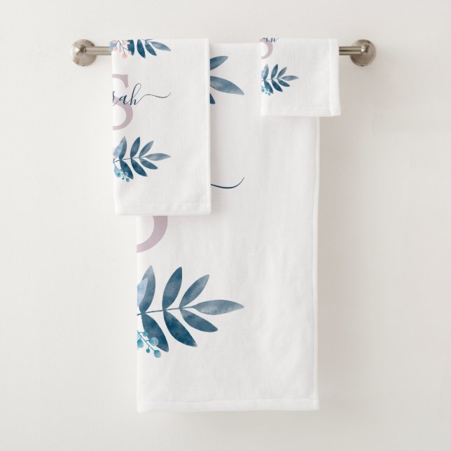 Lilac Watercolor Floral Monogram Bath Towel Set (Insitu)