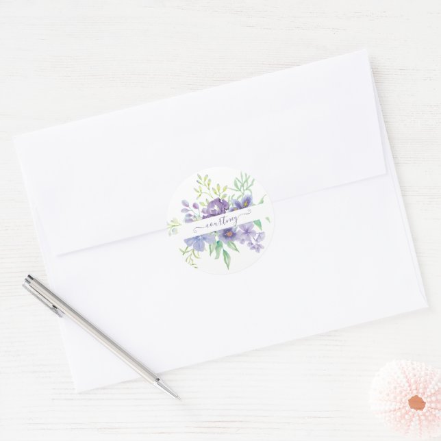 Lilac watercolor floral personalized classic round sticker (Envelope)