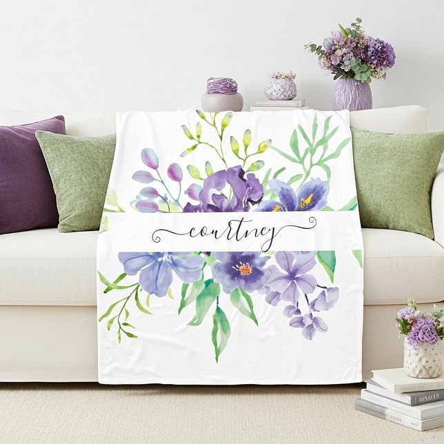 Lilac watercolor floral personalized fleece blanket (Creator Uploaded)