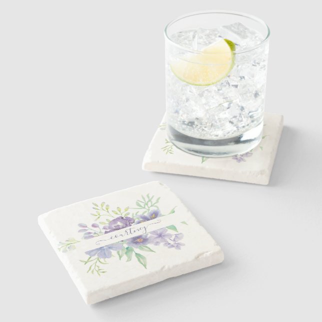 Lilac watercolor floral personalized  stone coaster (Side)
