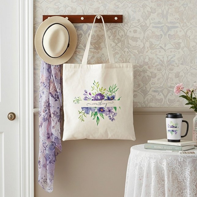 Lilac watercolor floral personalized  tote bag (Creator Uploaded)