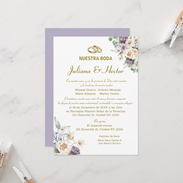 Lilac Watercolor Floral Wedding Invitation (Front/Back In Situ)
