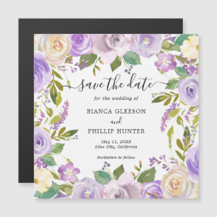 Lilac Watercolor Floral Wedding Save the Date Magnetic Invitation