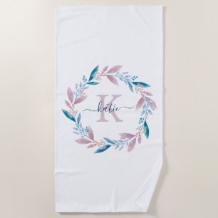 Lilac Watercolor Floral Wreath Monogram  Beach Towel