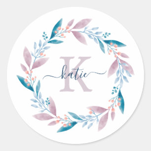 Lilac Watercolor Floral Wreath Monogram Classic Round Sticker