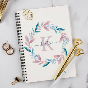 Lilac Watercolor Floral Wreath Monogram Notebook