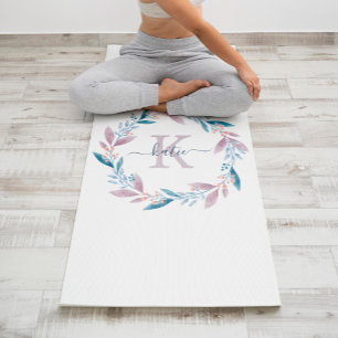 Lilac Watercolor Floral Wreath Monogram Yoga Mat