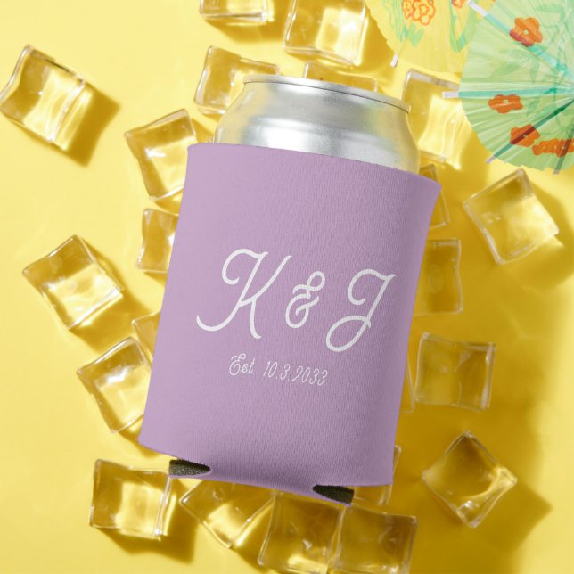 Lilac Wedding Favour Monogrammed Can Cooler (In Situ Summer)