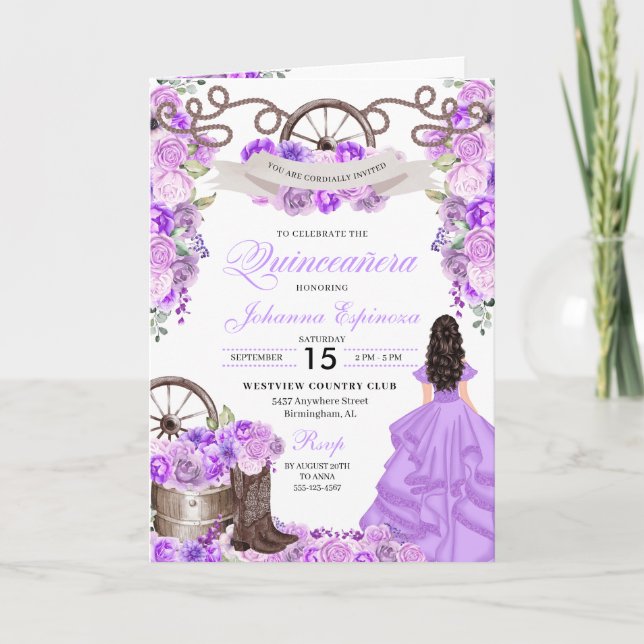 Lilac Western Charro Bi-Fold Quinceanera Invitation (Front)