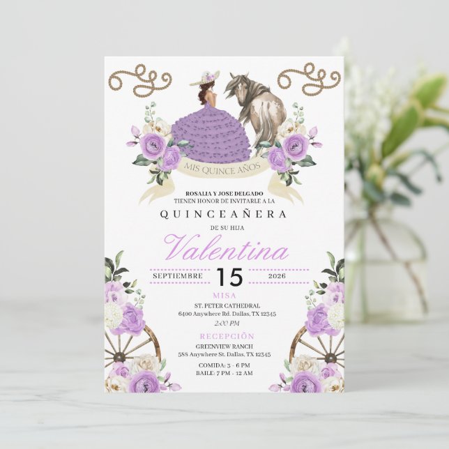 Lilac Western Fairytale Wagon Wheels Quinceañera Invitation (Standing Front)