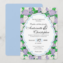 Lilac & White Rose Wedding Invite with Blue Border
