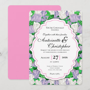 Lilac & White Rose Wedding Invite with Pink Border