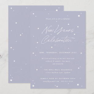 Lilac+White Script Scattered Stars New Year' Party Invitation