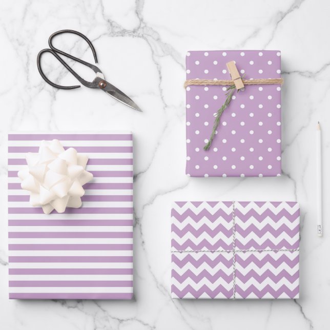 Lilac & White Stripes Polka Dot Chevron Pattern Wrapping Paper Sheet (Front)