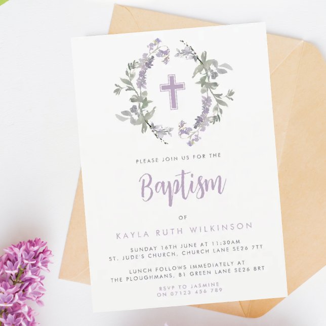 Lilac Wild Flower Wreath & Cross Baby Baptism Invitation (Creator Uploaded)