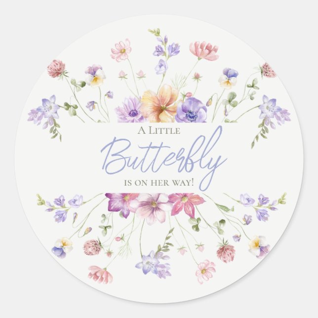 Lilac Wildflower Butterfly Baby Shower Invitation Classic Round Sticker (Front)