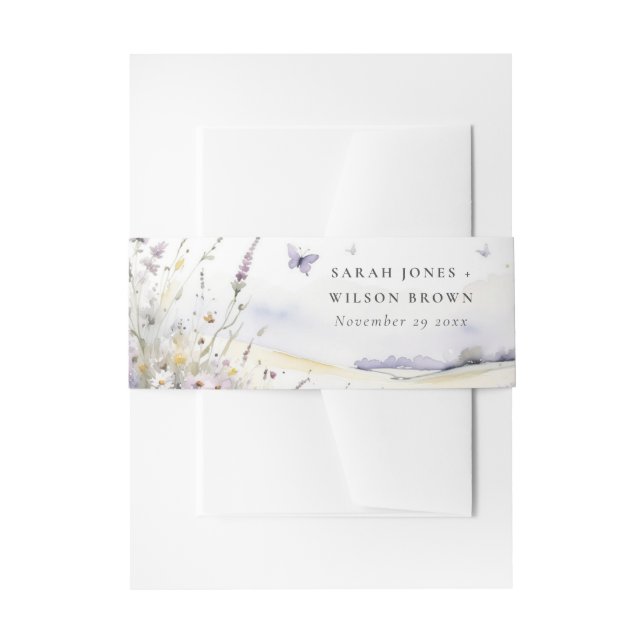 Lilac Wildflower Butterfly Field Landscape Wedding Invitation Belly Band (Front Example)