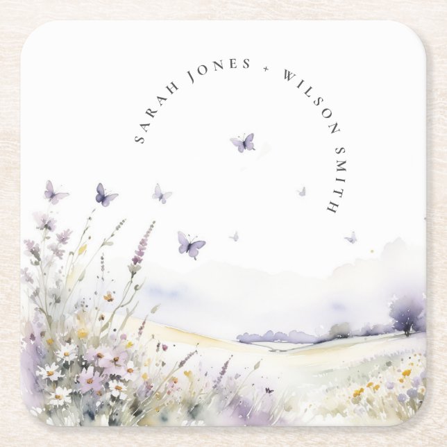 Lilac Wildflower Butterfly Field Landscape Wedding Square Paper Coaster (Front)