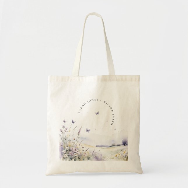 Lilac Wildflower Butterfly Field Landscape Wedding Tote Bag (Front)