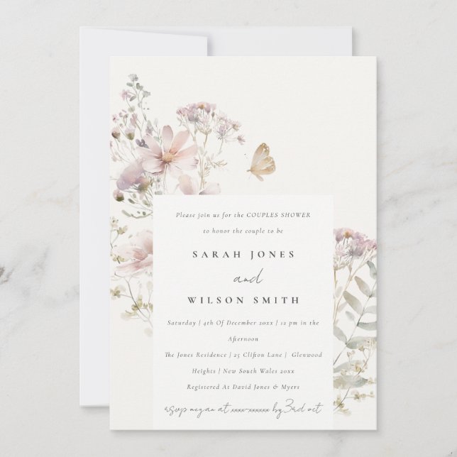 Lilac Wildflower Fern Botanical Couples Shower Invitation (Front)