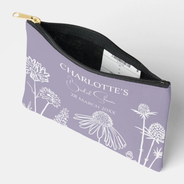 Lilac  Wildflowers Sketched Floral Bridal Shower  Accessory Pouch (Open)