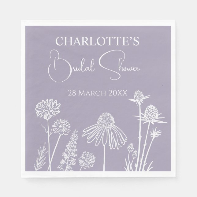 Lilac  Wildflowers Sketched Floral Bridal Shower  Napkin (Front)