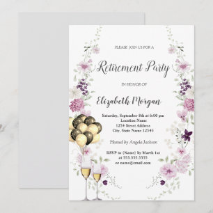 Lilac Wildflowers Wine Glas Ballons Retirement Invitation