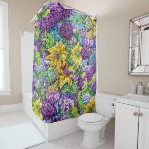 Lilac Yellow Blue Green Garden Flowers Pattern