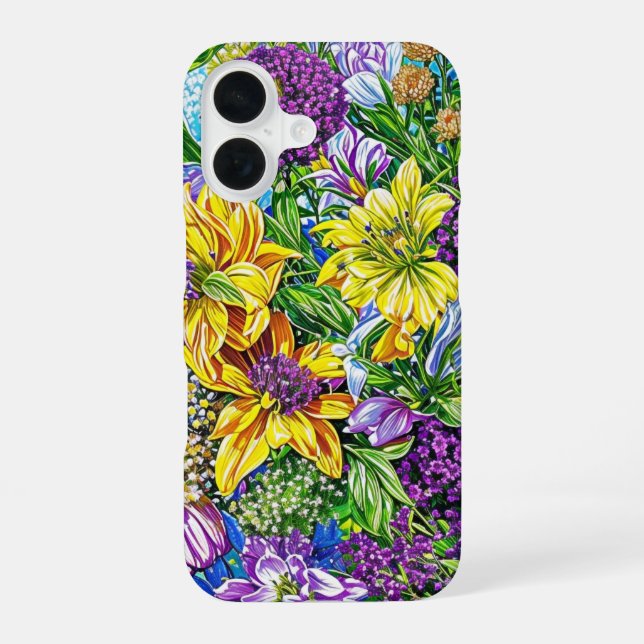 Lilac Yellow Blue Green Garden Flowers Pattern iPhone 16 Case (Back)