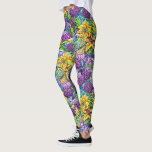 Lilac Yellow Blue Green Garden Flowers Pattern Leggings