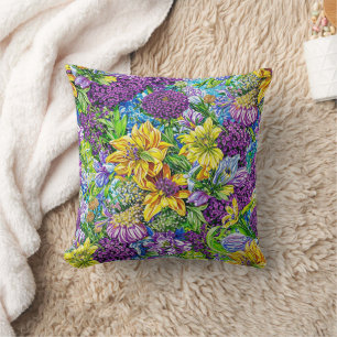 Lilac Yellow Blue Green Garden Flowers Pattern Throw Pillow