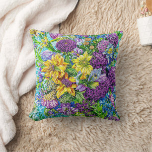 Lilac Yellow Blue Green Garden Flowers Pattern Throw Pillow
