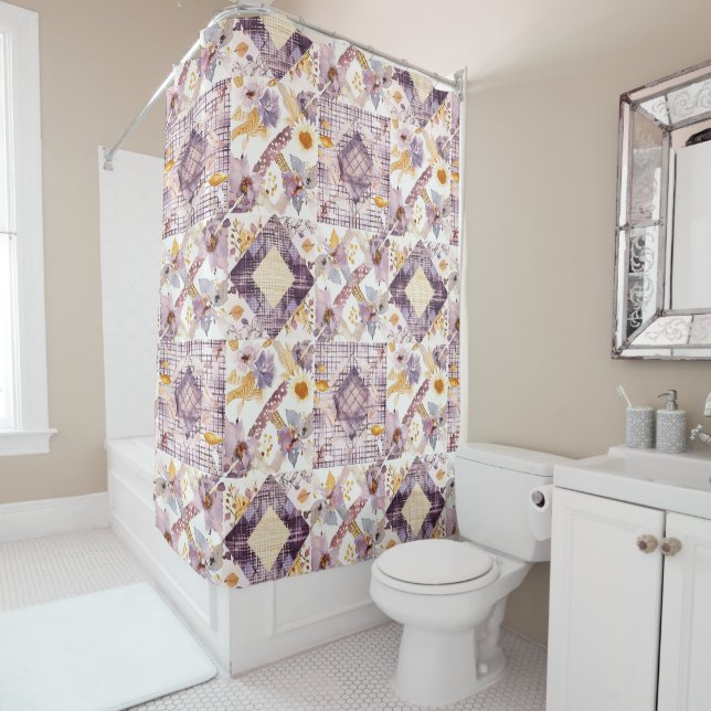 Lilac Yellow Patchwork Quilt Rustic Floral Retro  (In Situ)