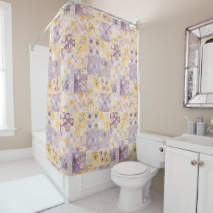 Lilac Yellow Patchwork Quilt Rustic Floral Retro