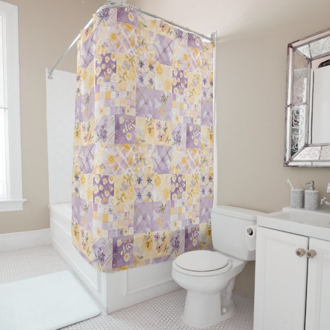 Lilac Yellow Patchwork Quilt Rustic Floral Retro  (In Situ)