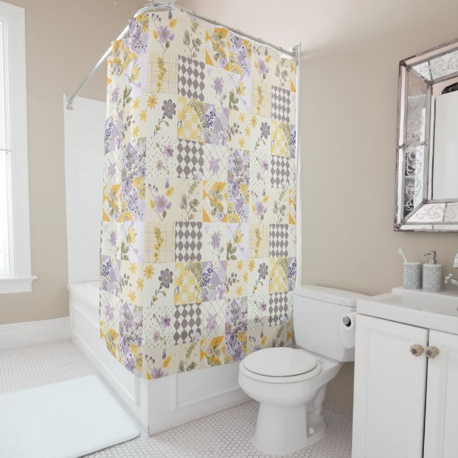 Lilac Yellow Patchwork Quilt Rustic Floral Retro  (In Situ)