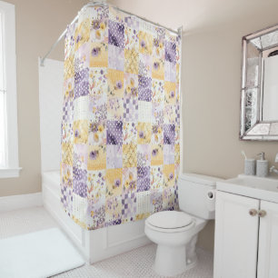 Lilac Yellow Patchwork Quilt Rustic Floral Retro 