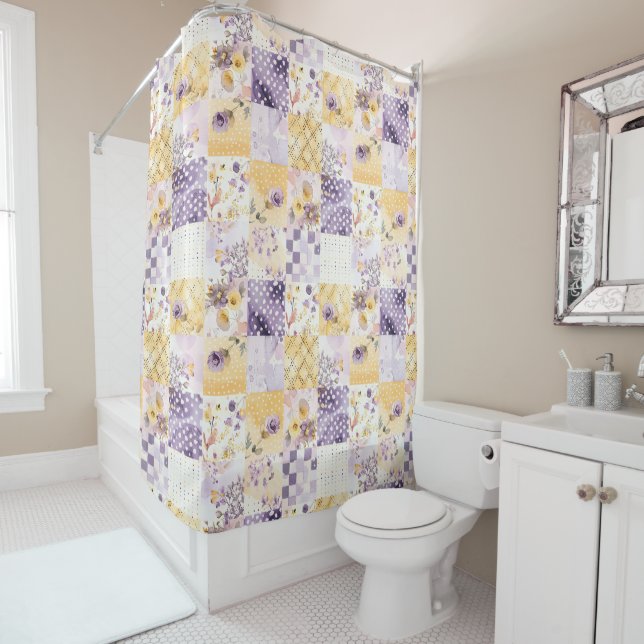 Lilac Yellow Patchwork Quilt Rustic Floral Retro  (In Situ)