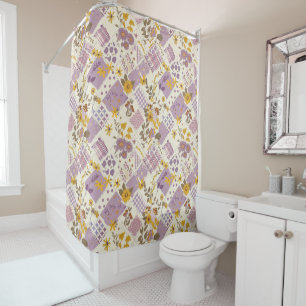 Lilac Yellow Patchwork Quilt Rustic Floral Retro 